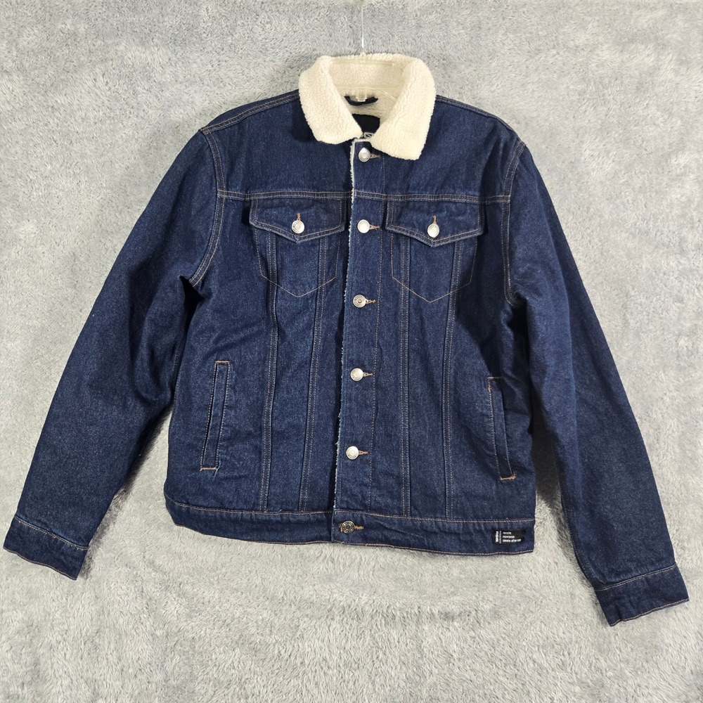 RSQ Mens Denim Trucker Jacket Dark Wash Faux Shearling Lined Blue Small